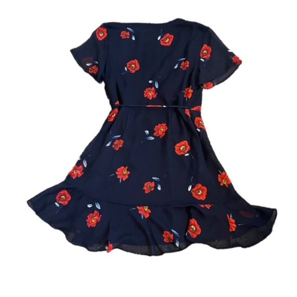 All in Favor Isabella Wrap Flounce Mini Dress Navy and Red Floral - Picture 4 of 9